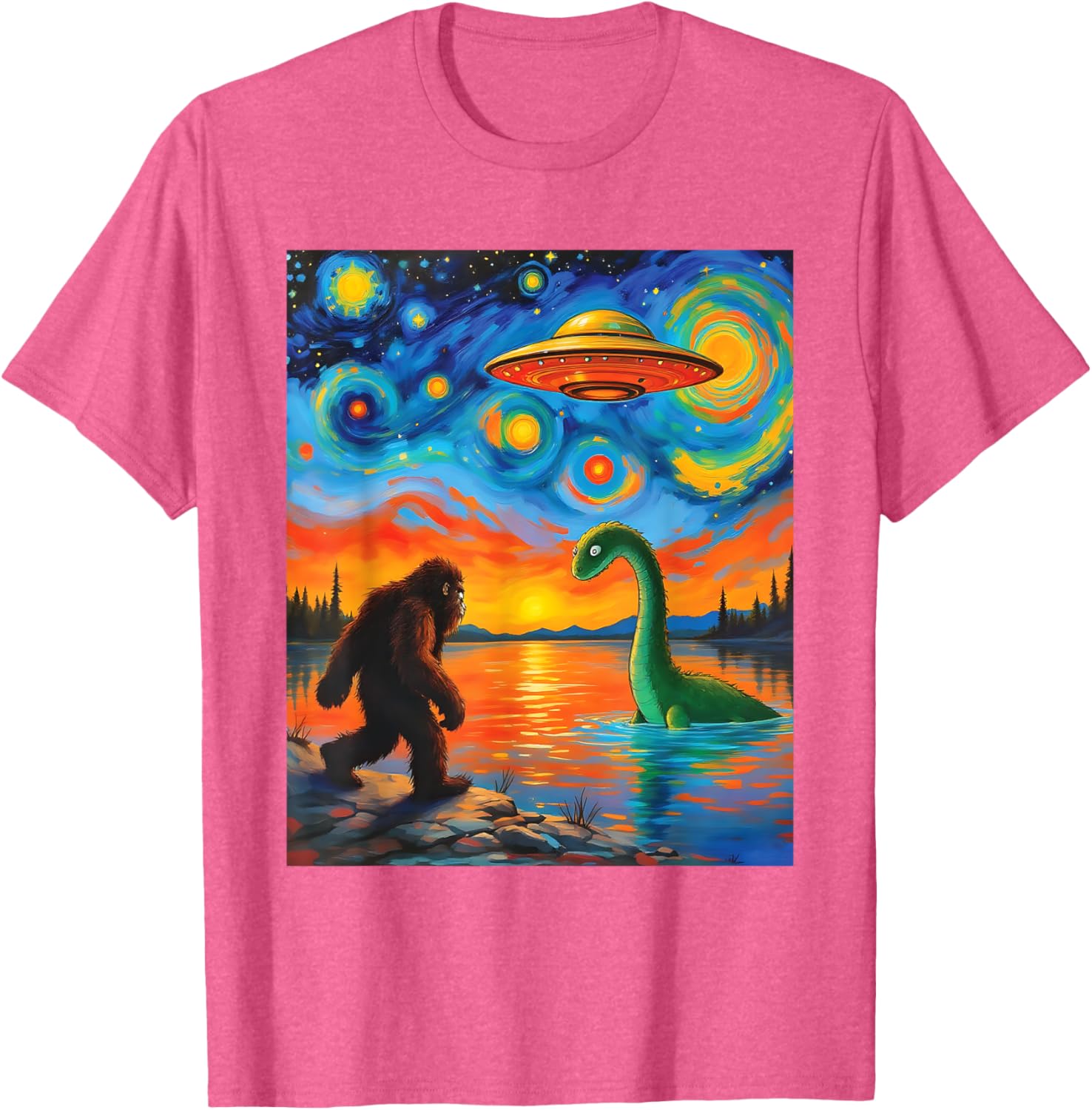 Bigfoot UFO Alien Encounter T-Shirt Inspired by Van Gogh's Starry Night - 21