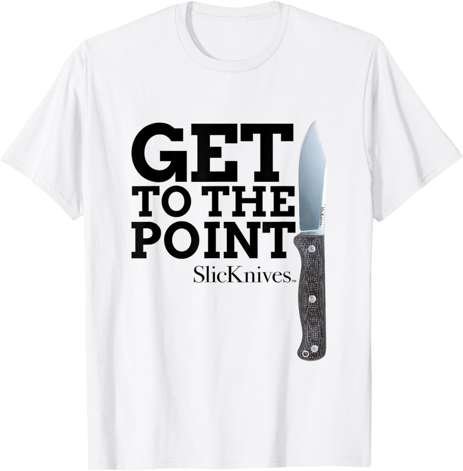 SlicKnives ClipPoint 4.5 Knife T-Shirt with Brown Grip and Black Text - 1