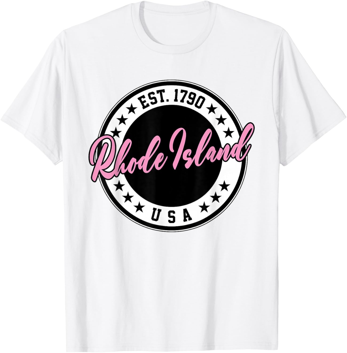 Rhode Island USA Script Circle Pink Text T-Shirt for Stylish Comfort - 15