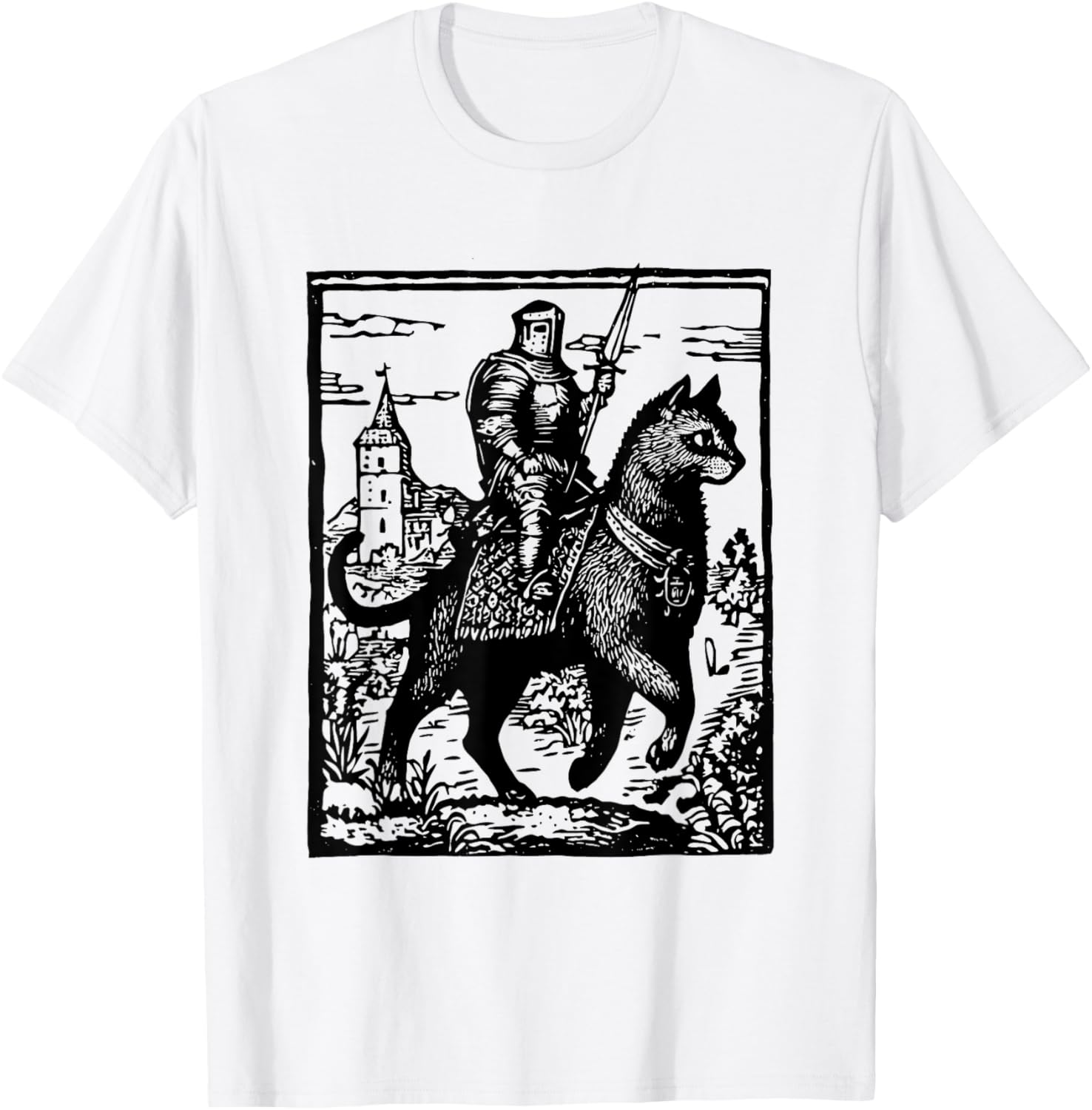 Funny 90s Knight Cat Rider T-Shirt | Retro Dark Art Cat Meme Tee - 11