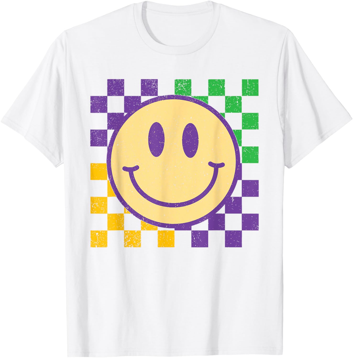 Groovy Mardi Gras Smile Face Checkered T-Shirt for Men, Women, Kids - 1