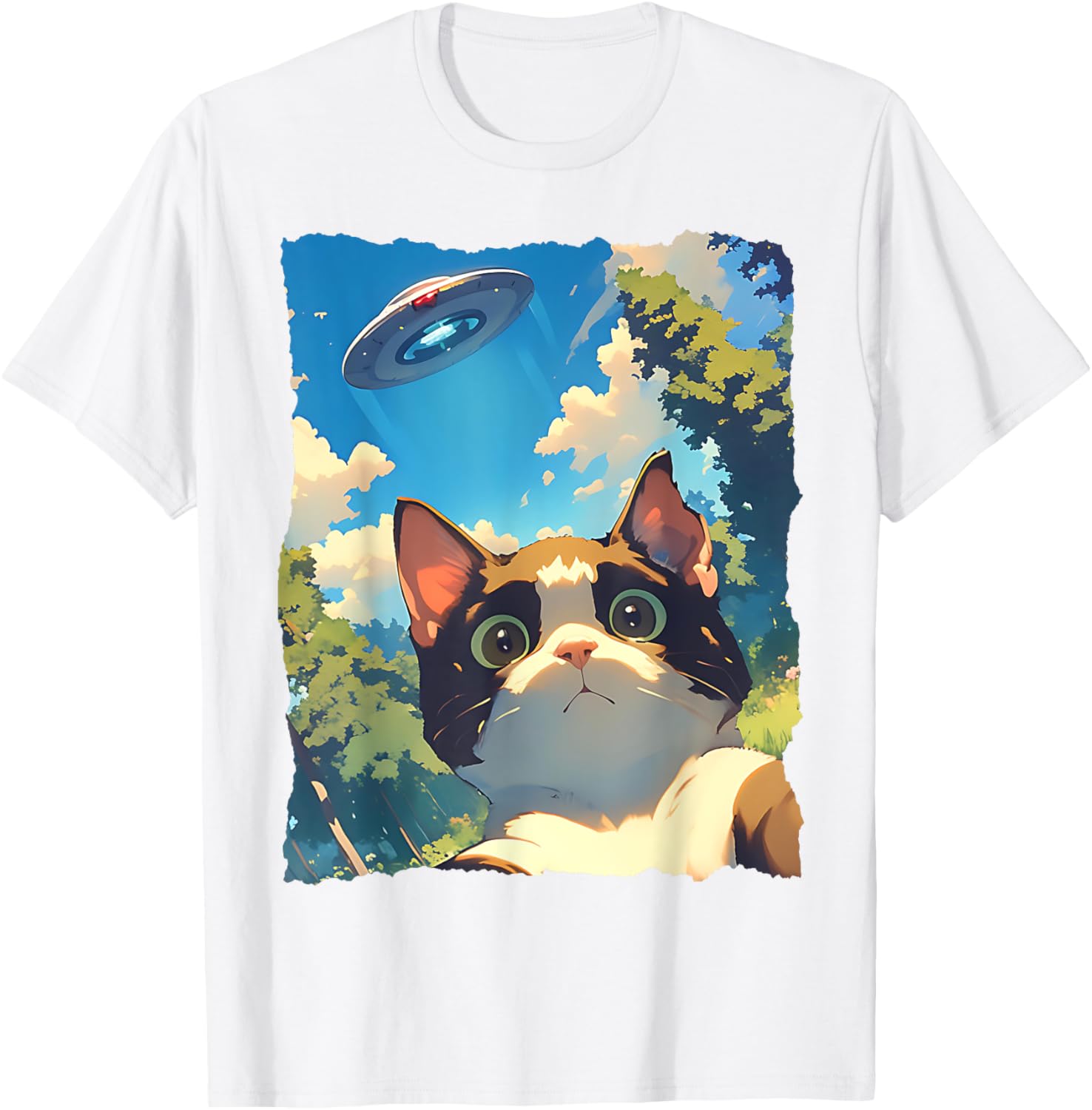 Funny Anime Cat UFO Selfie T-Shirt for Kids and Adults - Cute Clothing - 3