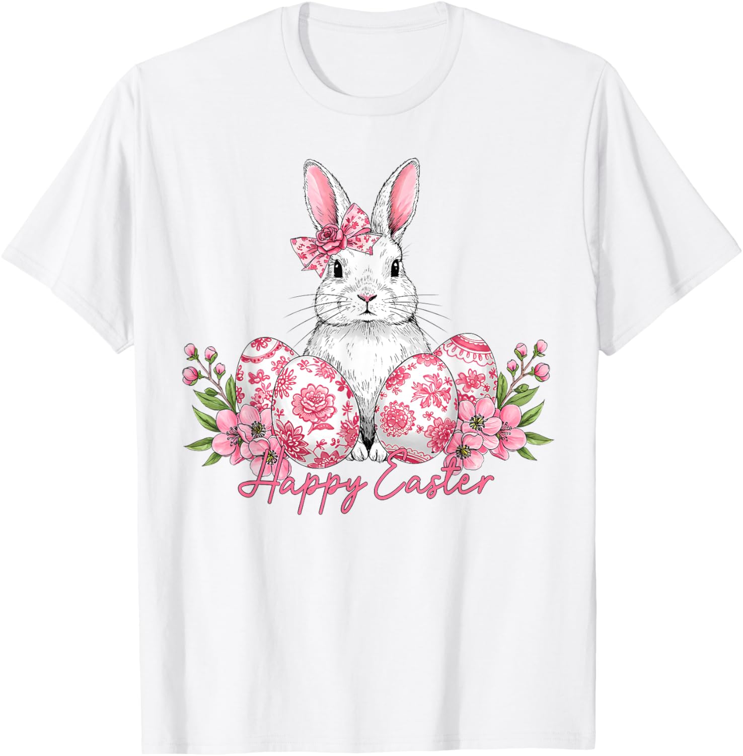 Happy Easter Chinoiserie Floral Bunny Bow T-Shirt for Festive Style - 6