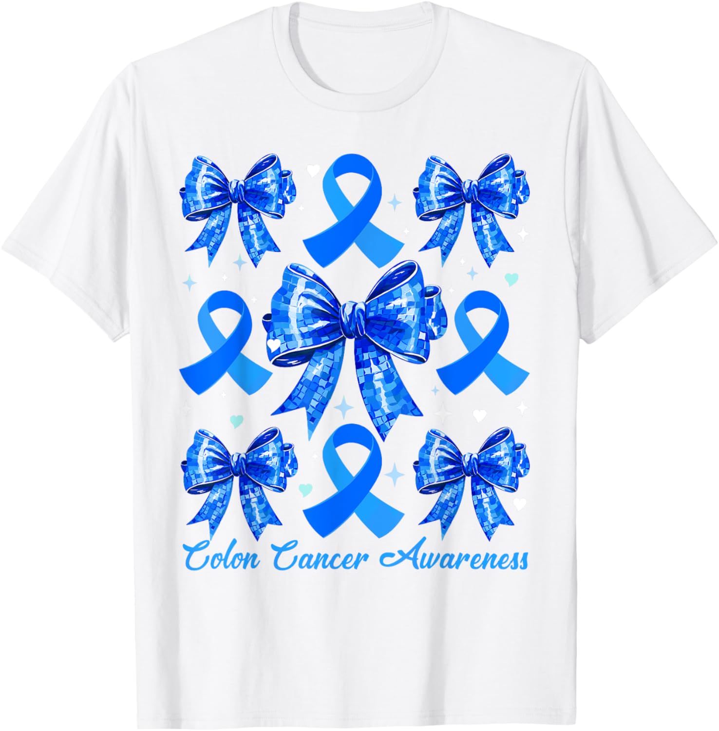 Retro Coquette Blue Ribbon T-Shirt for Women's Colon Cancer Awareness - 18