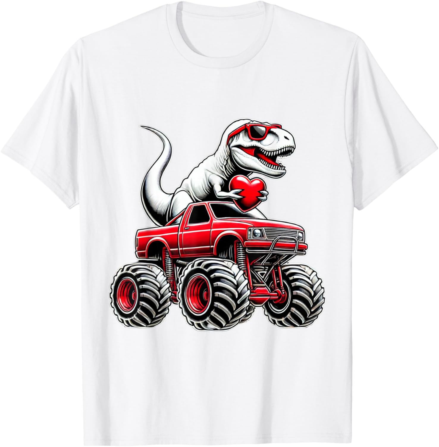 Funny T Rex Riding Monster Truck T-Shirt for Boys Celebrating Valentine's Day - 14