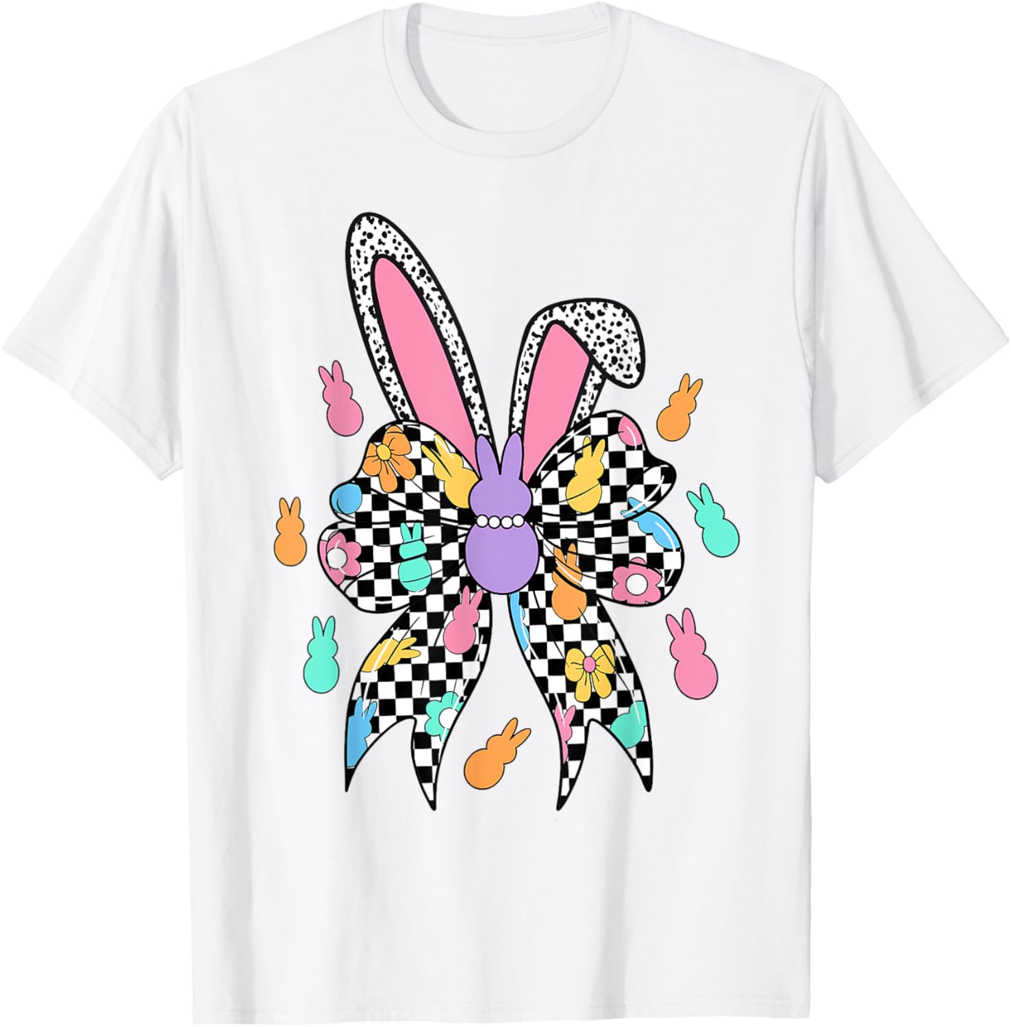 Happy Easter Checkered Bunny Bow Ears T-Shirt for Women and Girls - 21