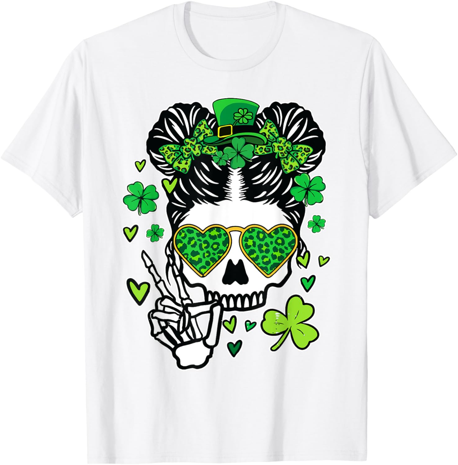 St Patrick's Day Skull Messy Bun Women’s T-Shirt for Festive Style - 11