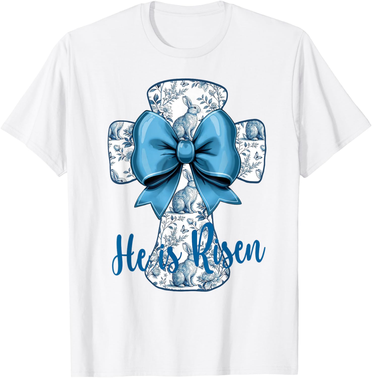 He Is Risen Blue Toile Cross Easter Christian T-Shirt for Faith Fans - 5