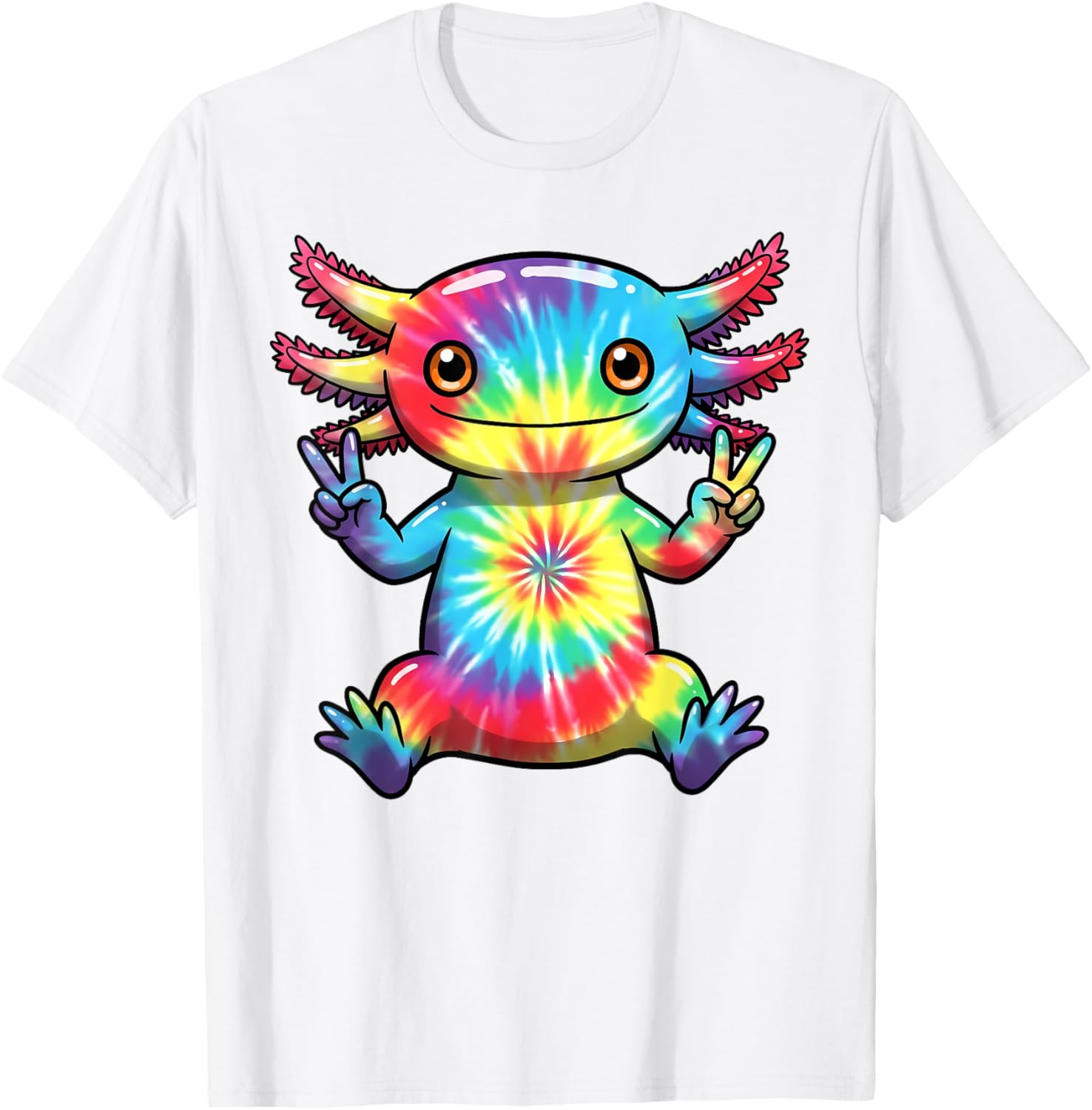 Cute Axolotl Peace Sign Tie-Dye T-Shirt for Colorful Hippie Vibes - 17