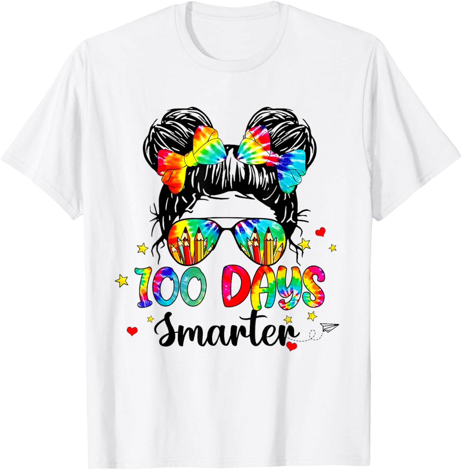 Cute Tie Dye Messy Bun 100 Days of School Shirt for Kids - 14