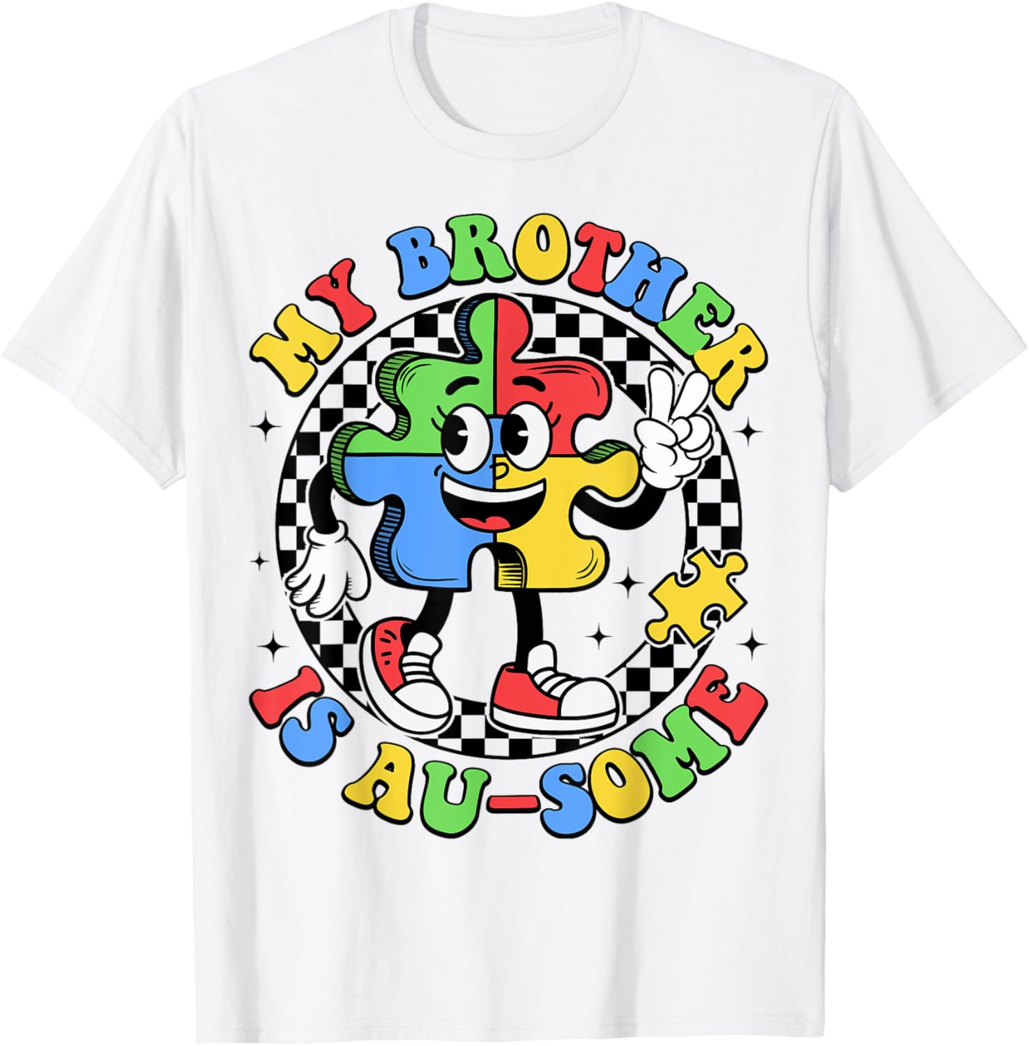 Retro My Brother is Awesome Autism Awareness T-Shirt for Sisters - 7