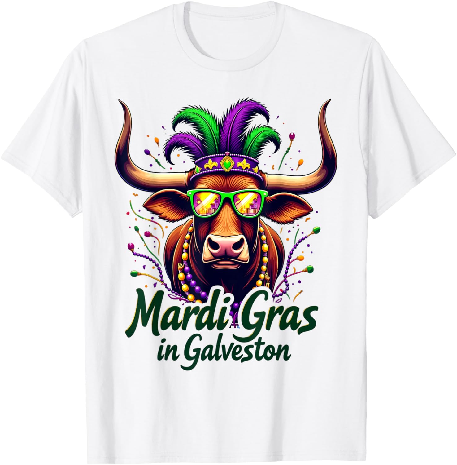 Mardi Gras Beads Galveston Cow Longhorn Texas T-Shirt for Festive Fun - 7