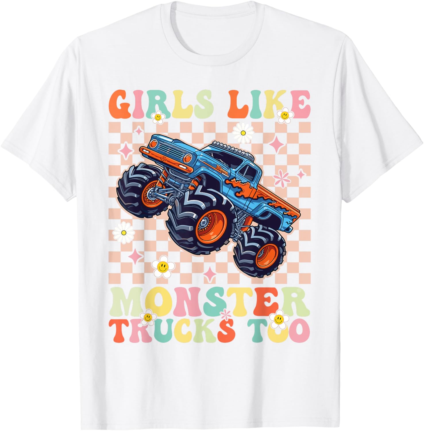 Funny Girls Love Monster Trucks Too Pink T-Shirt for Kids and Teens - 1