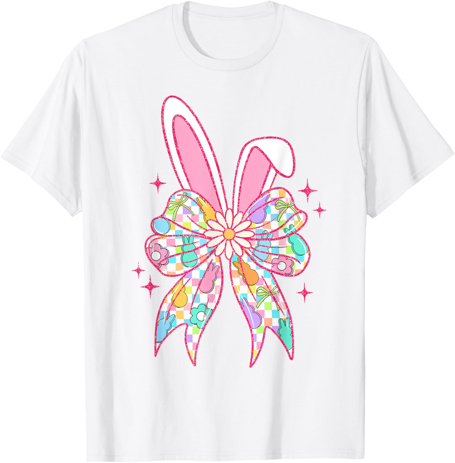 Groovy Checkered Bunny Bow Ears T-Shirt for Girls and Teens - 10