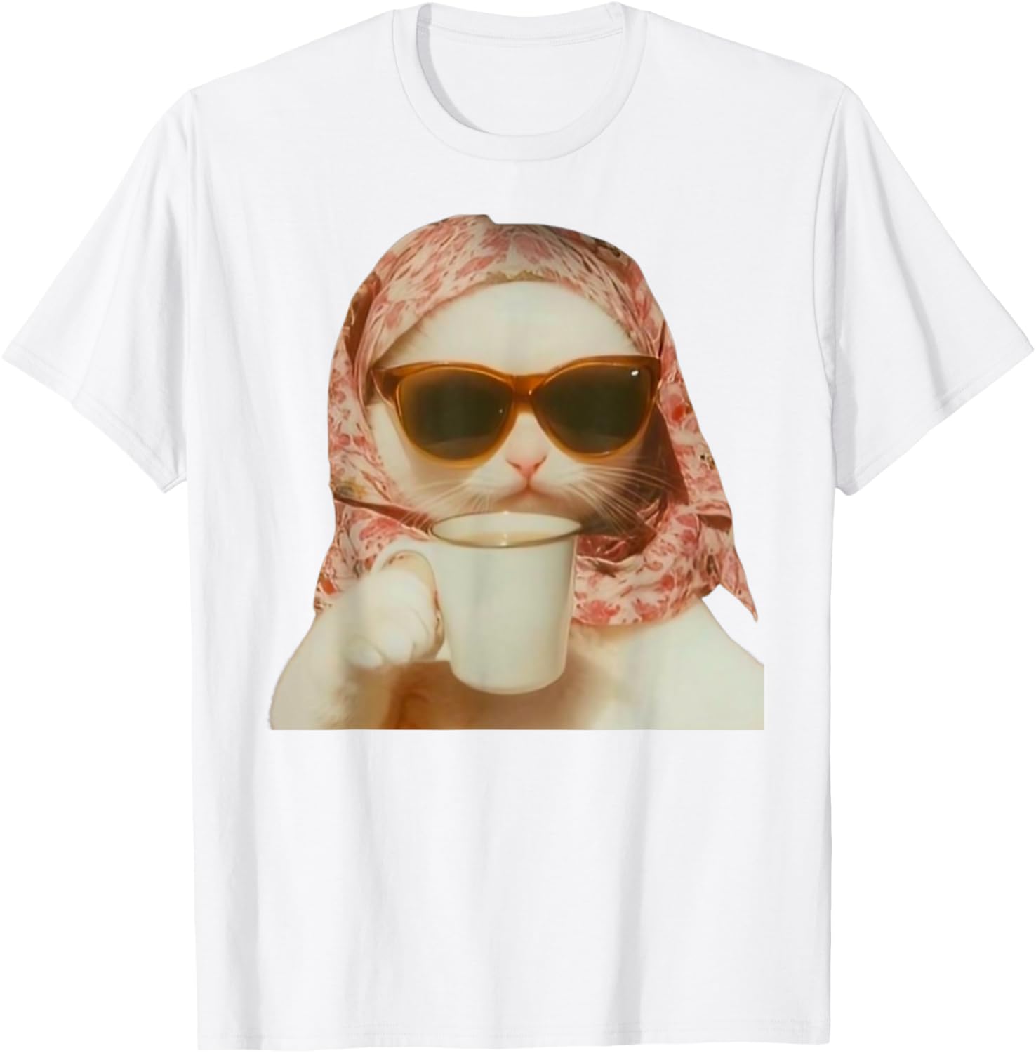 Funny Cat with Glasses and Headscarf Holding Cup T-Shirt for All Ages - 15