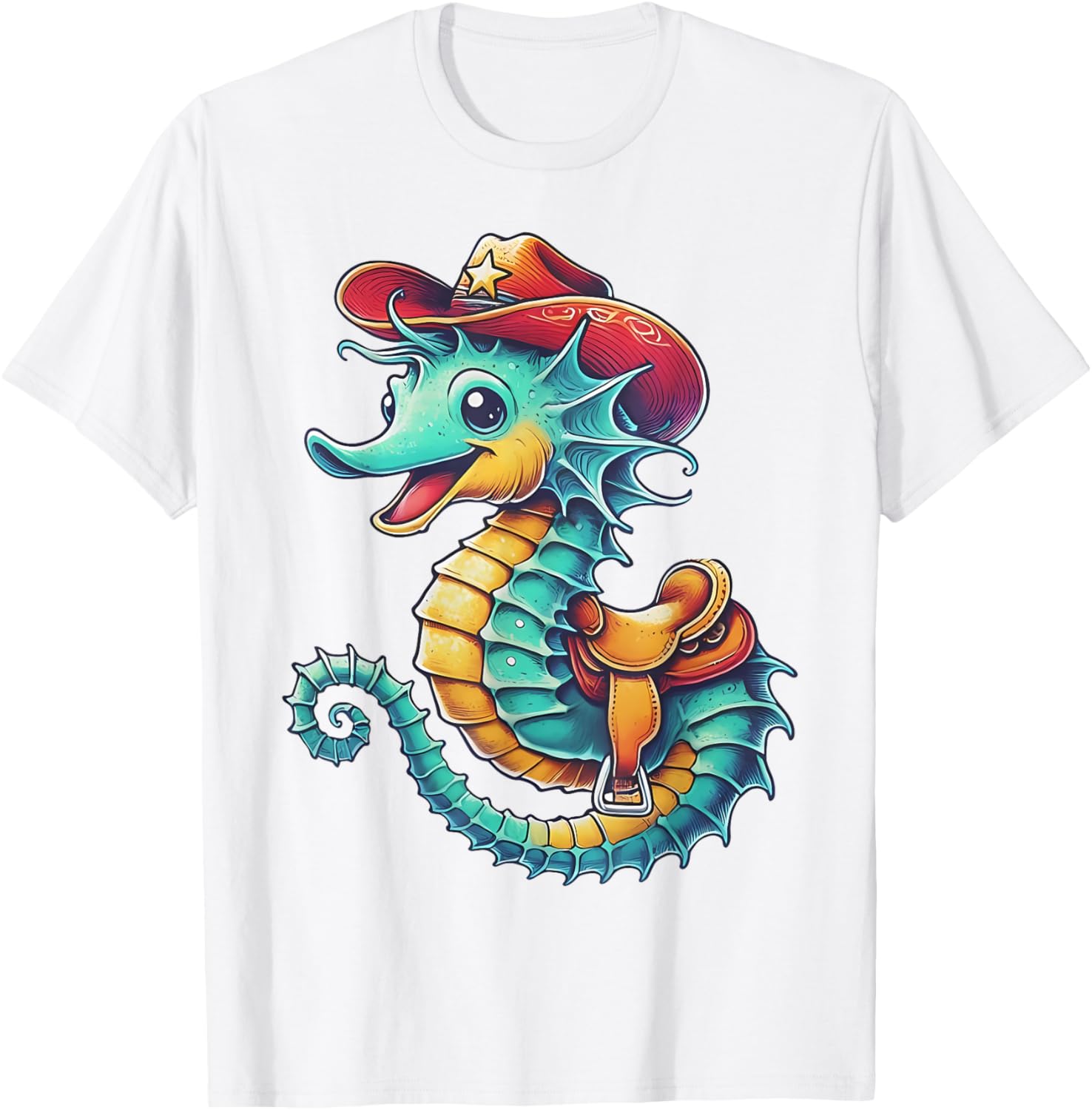 Colorful Cowboy Seahorse Ocean Rodeo T-Shirt for Fun Sea Adventures - 14