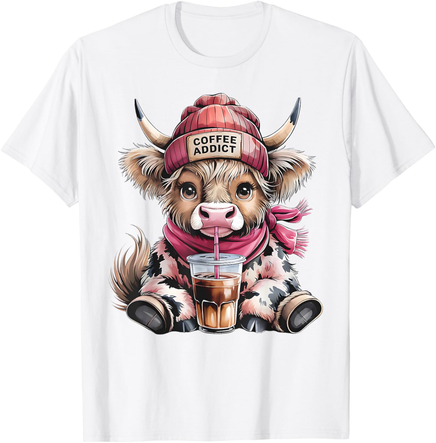 Cute Highland Cow Coffee Addict T-Shirt for Women with Beanie Hat - 18