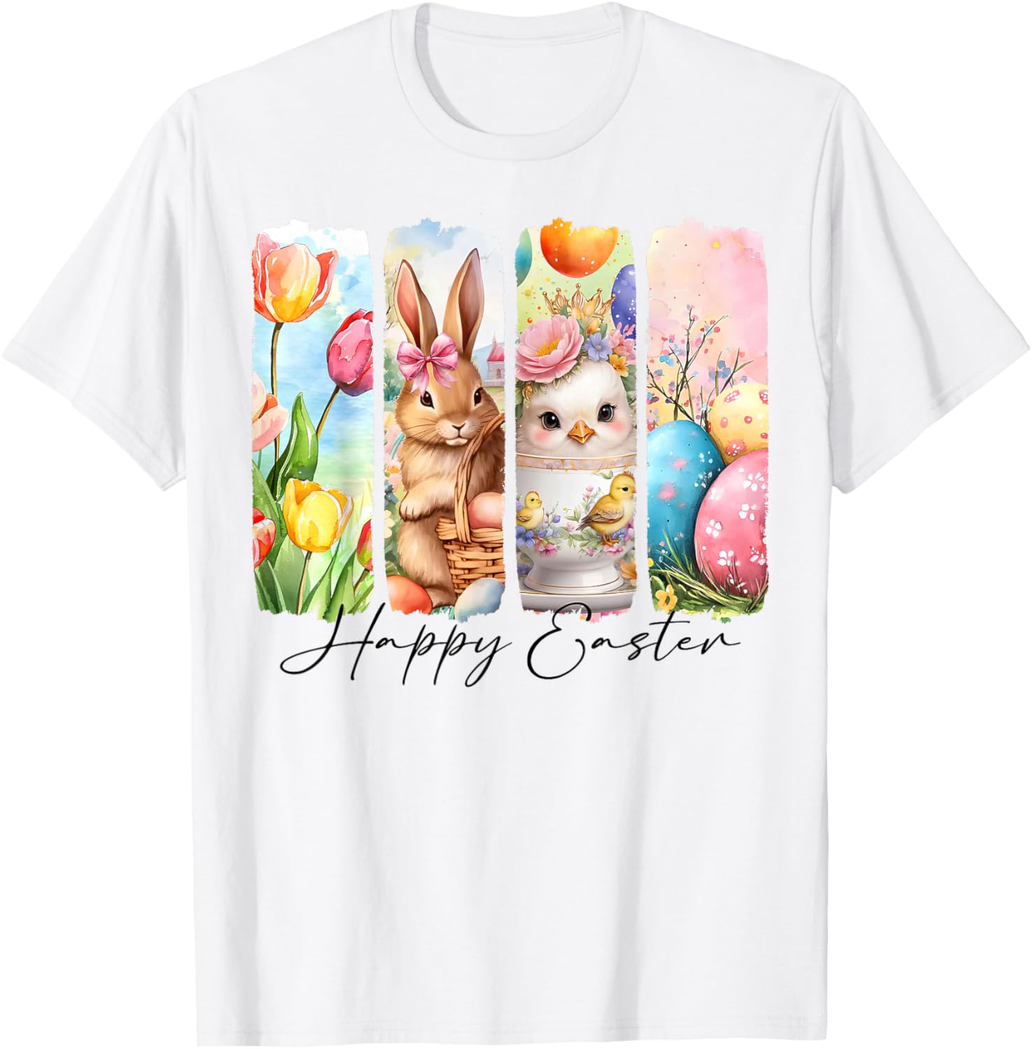 Retro Happy Easter Bunny and Chick T-Shirt with Floral Design - 4
