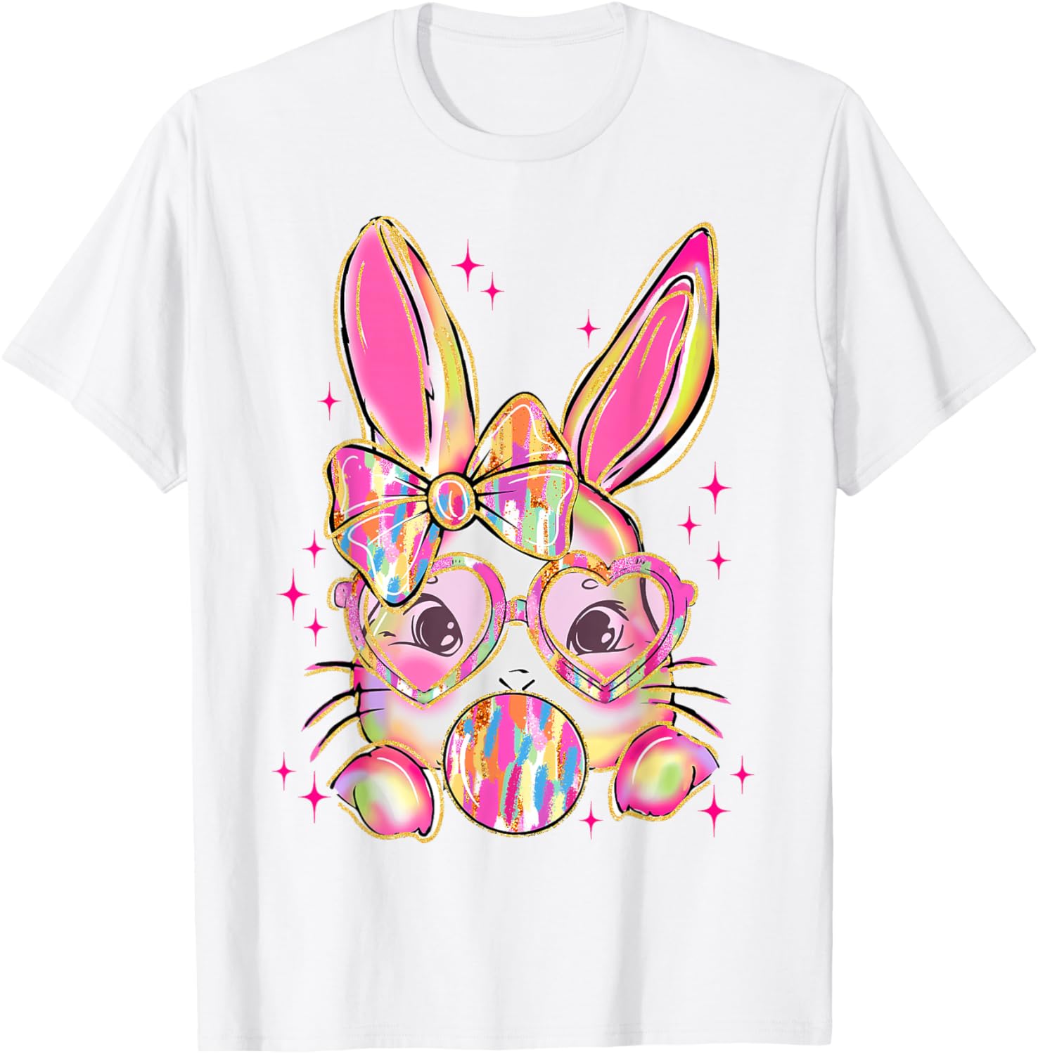 Cute Brushstroke Bunny Blowing Bubble Gum Easter Bow T-Shirt for Kids - 4