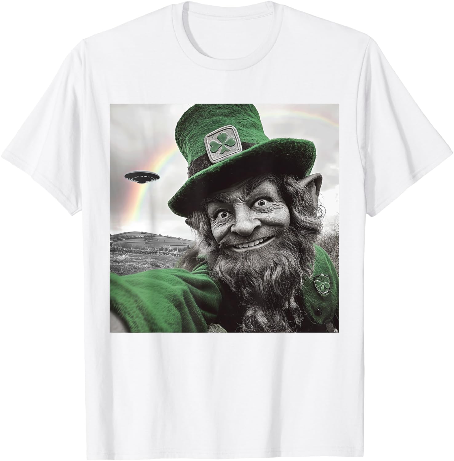 Funny St Patricks Day Rainbow Leprechaun UFO Selfie T-Shirt for Everyone - 27