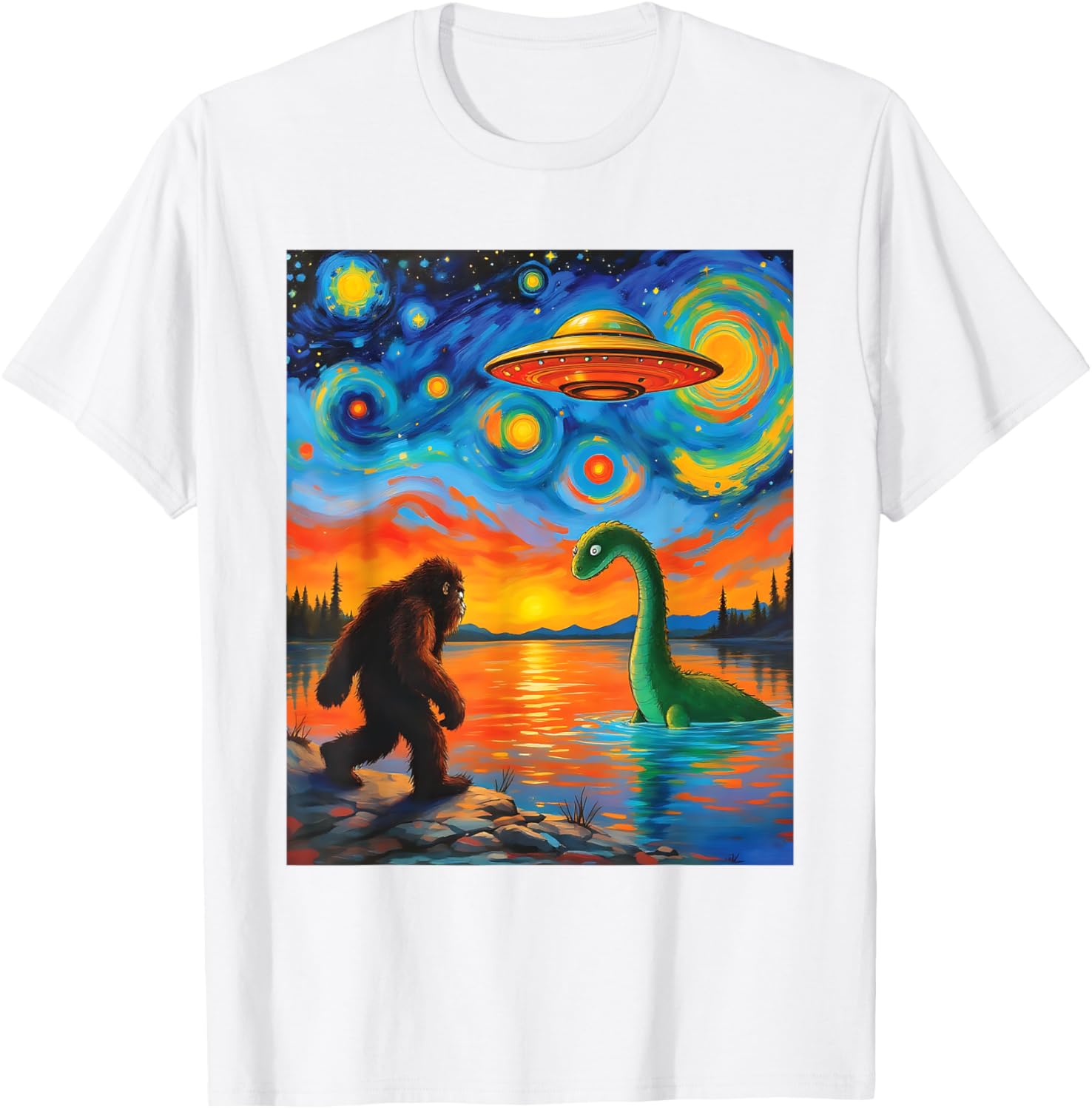 Bigfoot UFO Alien Encounter T-Shirt Inspired by Van Gogh's Starry Night - 5