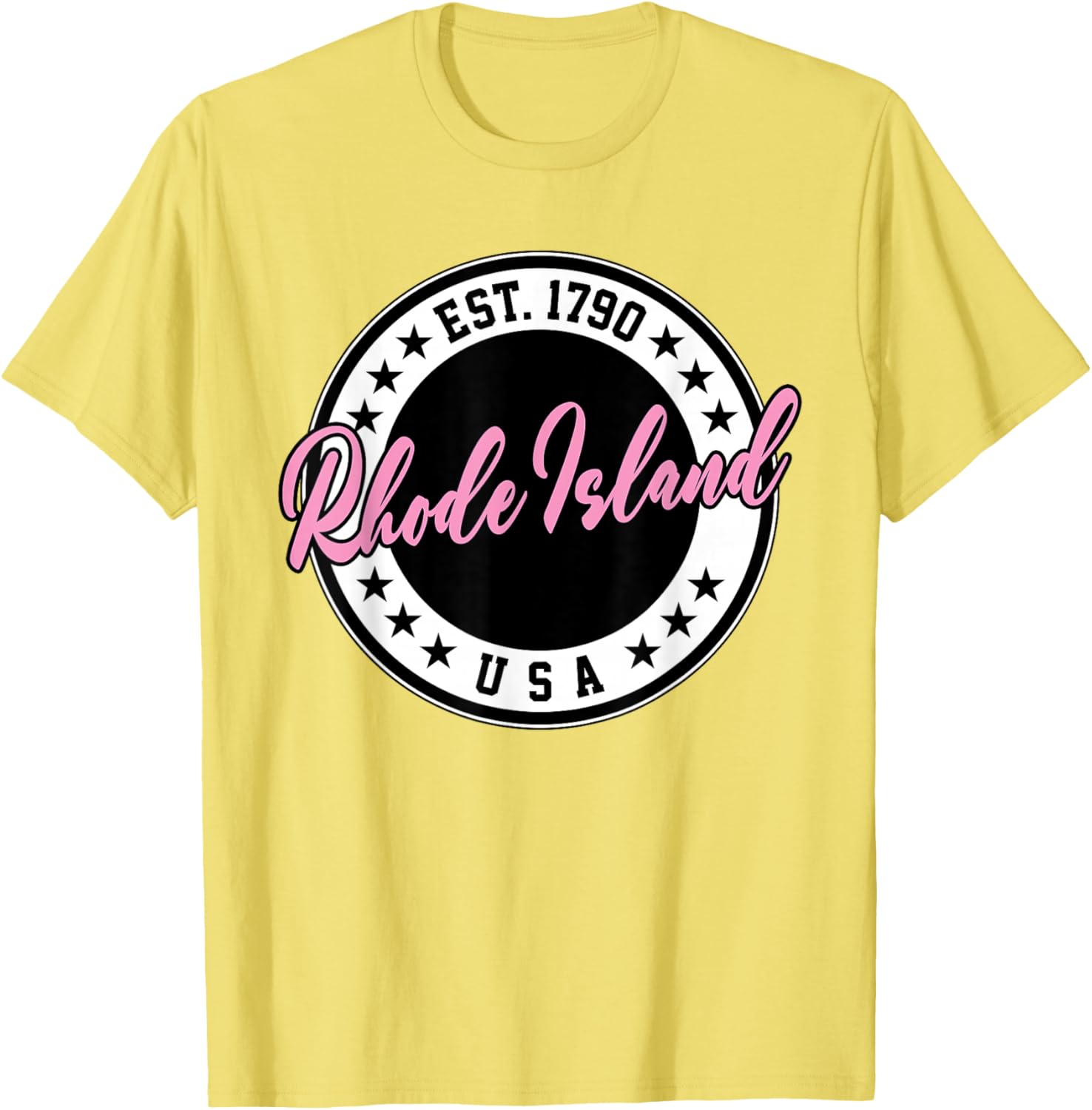 Rhode Island USA Script Circle Pink Text T-Shirt for Stylish Comfort - 2