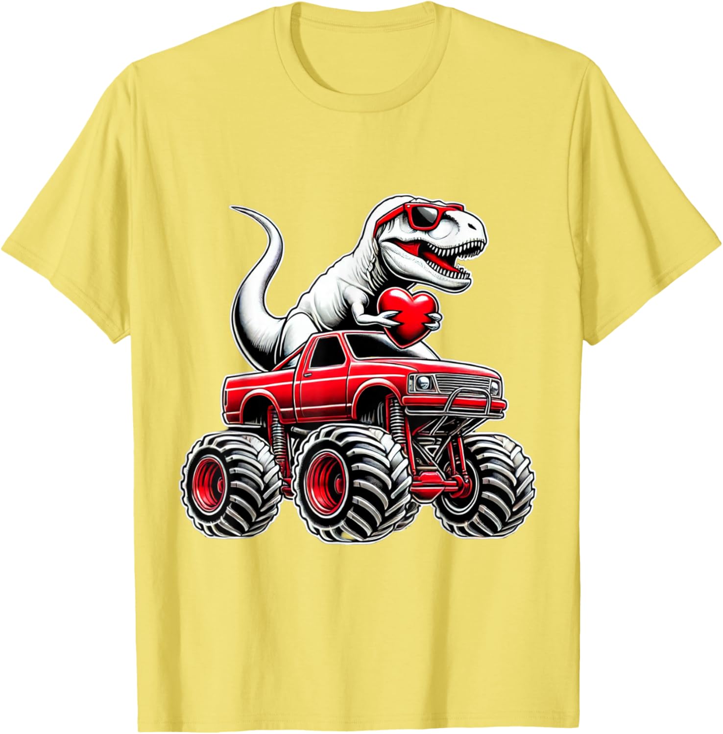 Funny T Rex Riding Monster Truck T-Shirt for Boys Celebrating Valentine's Day - 8