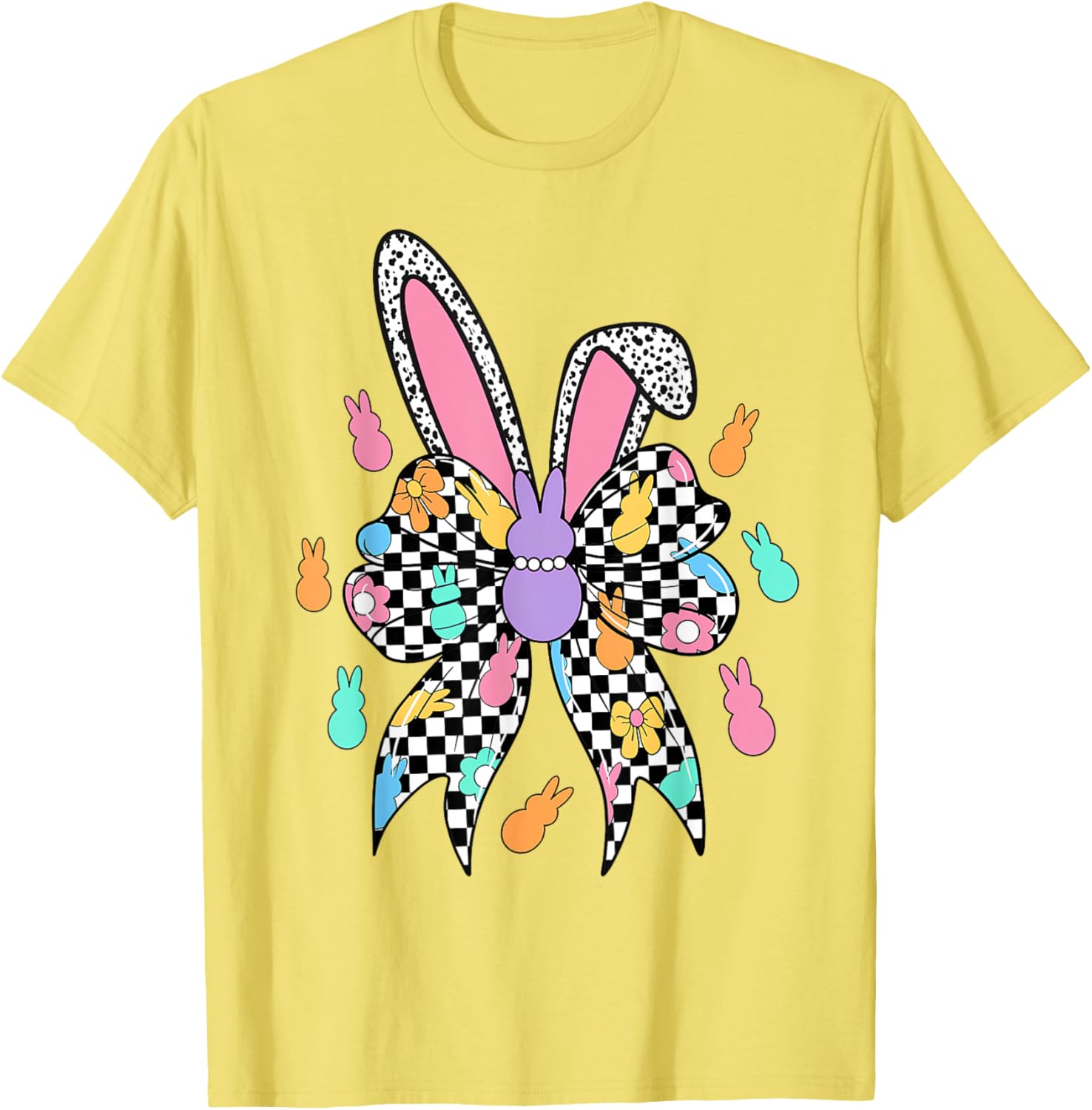 Happy Easter Checkered Bunny Bow Ears T-Shirt for Women and Girls - 16