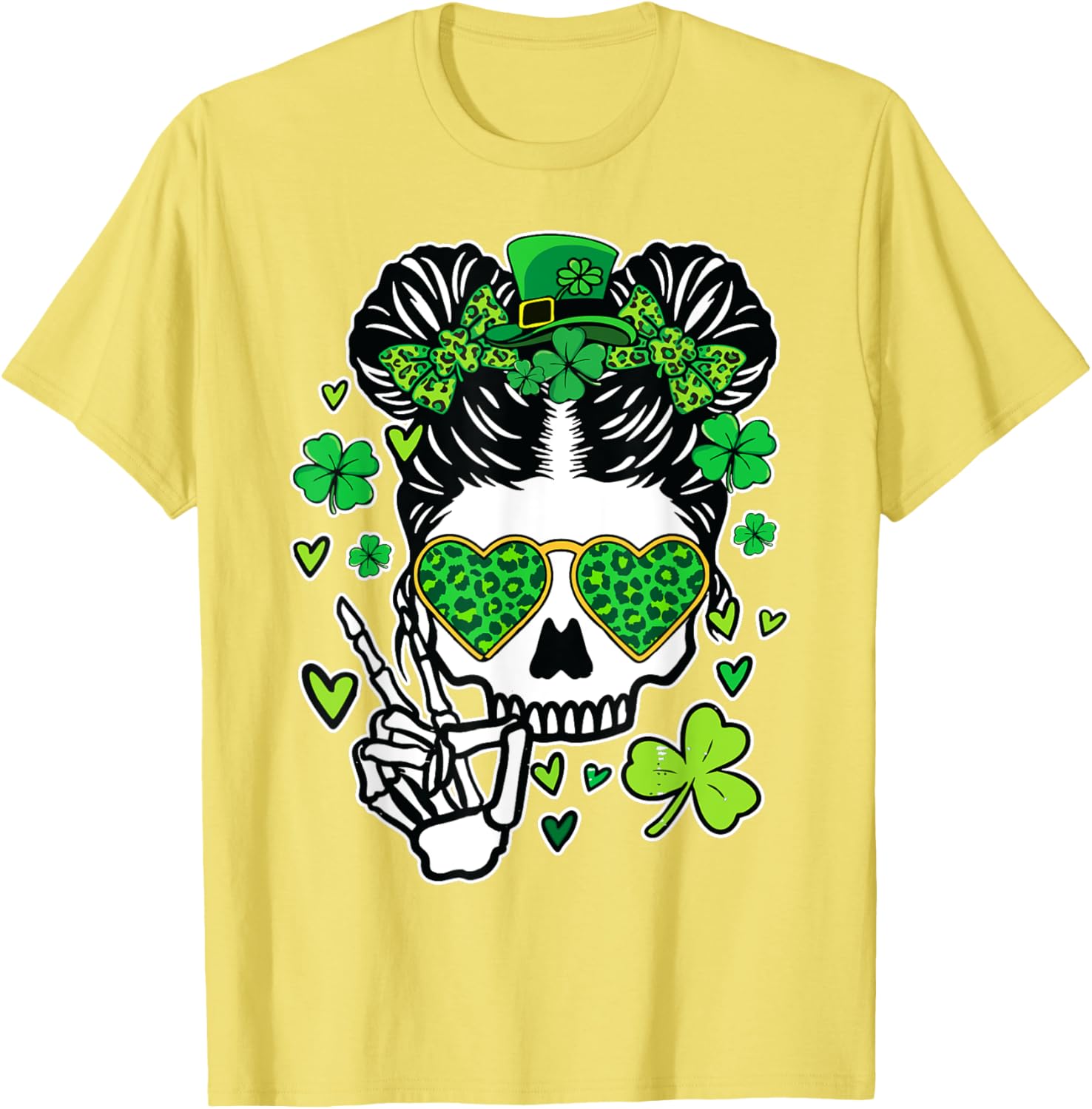 St Patrick's Day Skull Messy Bun Women’s T-Shirt for Festive Style - 6