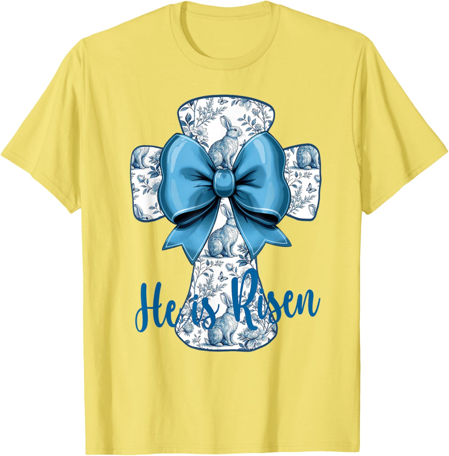 He Is Risen Blue Toile Cross Easter Christian T-Shirt for Faith Fans - 6