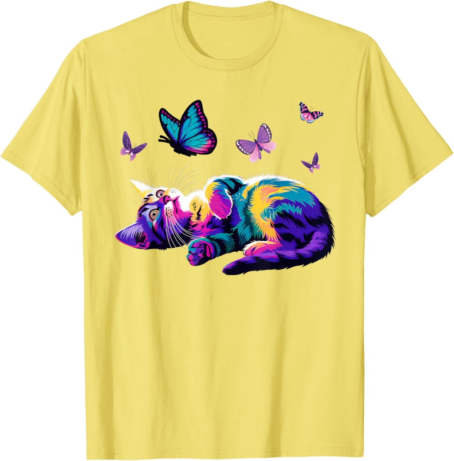 Colorful Cute Cat Playing with Butterfly T-Shirt for Cat Lovers Kids and Adults - 8