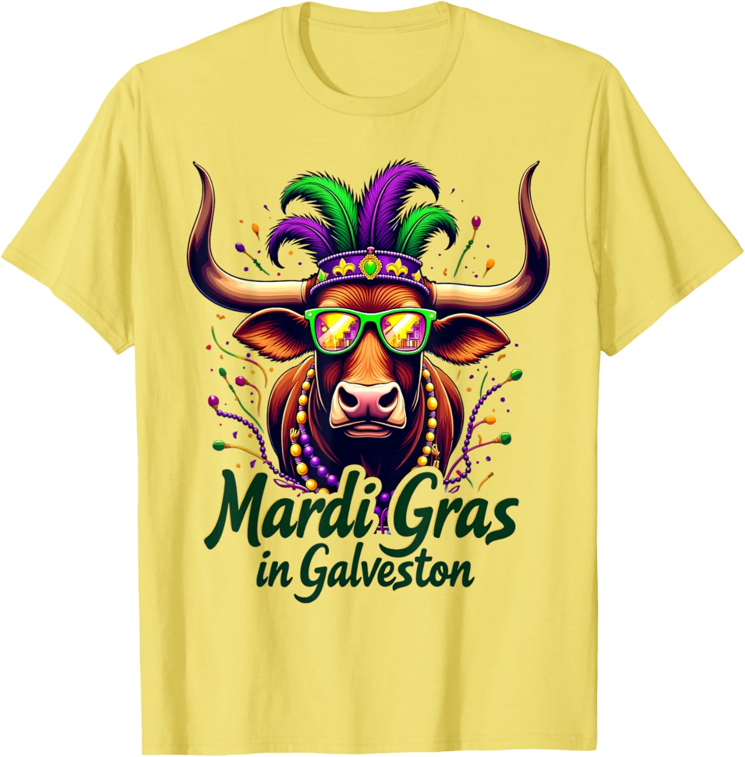 Mardi Gras Beads Galveston Cow Longhorn Texas T-Shirt for Festive Fun - 6