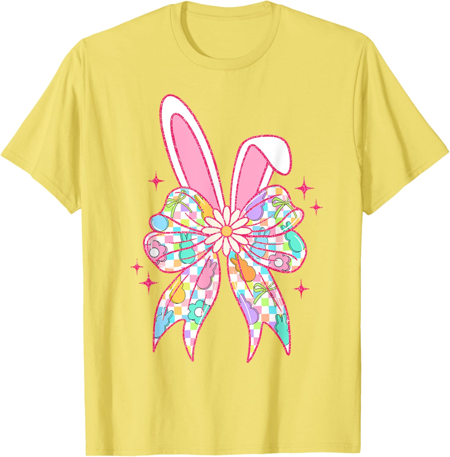 Groovy Checkered Bunny Bow Ears T-Shirt for Girls and Teens - 24
