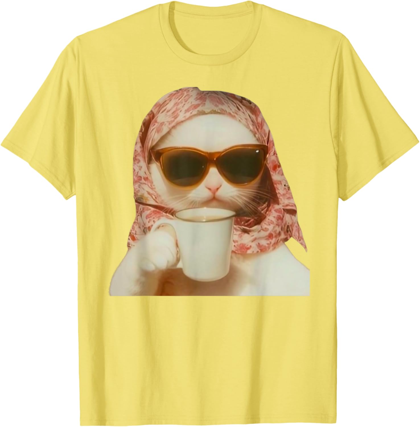 Funny Cat with Glasses and Headscarf Holding Cup T-Shirt for All Ages - 1