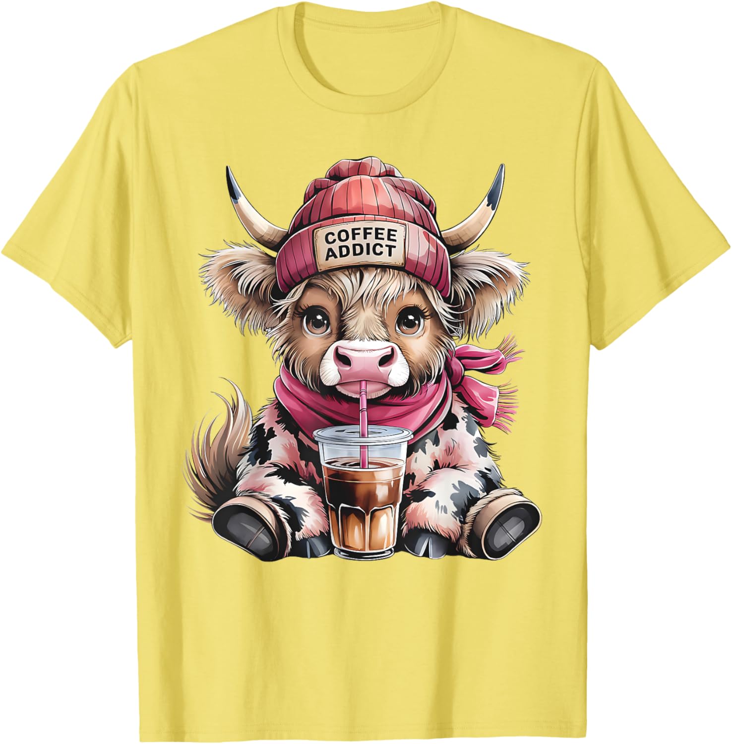 Cute Highland Cow Coffee Addict T-Shirt for Women with Beanie Hat - 17