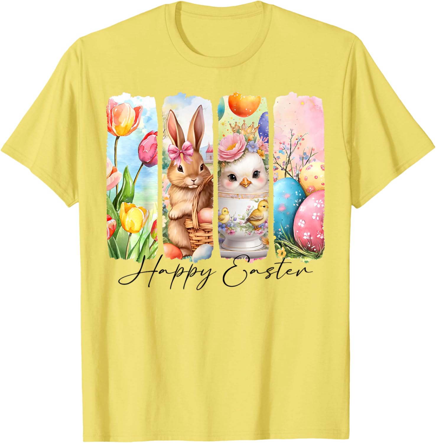 Retro Happy Easter Bunny and Chick T-Shirt with Floral Design - 16