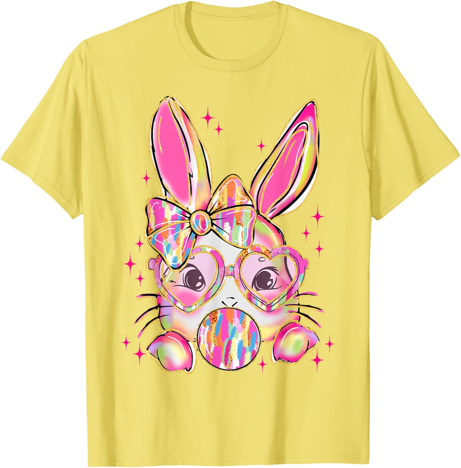Cute Brushstroke Bunny Blowing Bubble Gum Easter Bow T-Shirt for Kids - 7