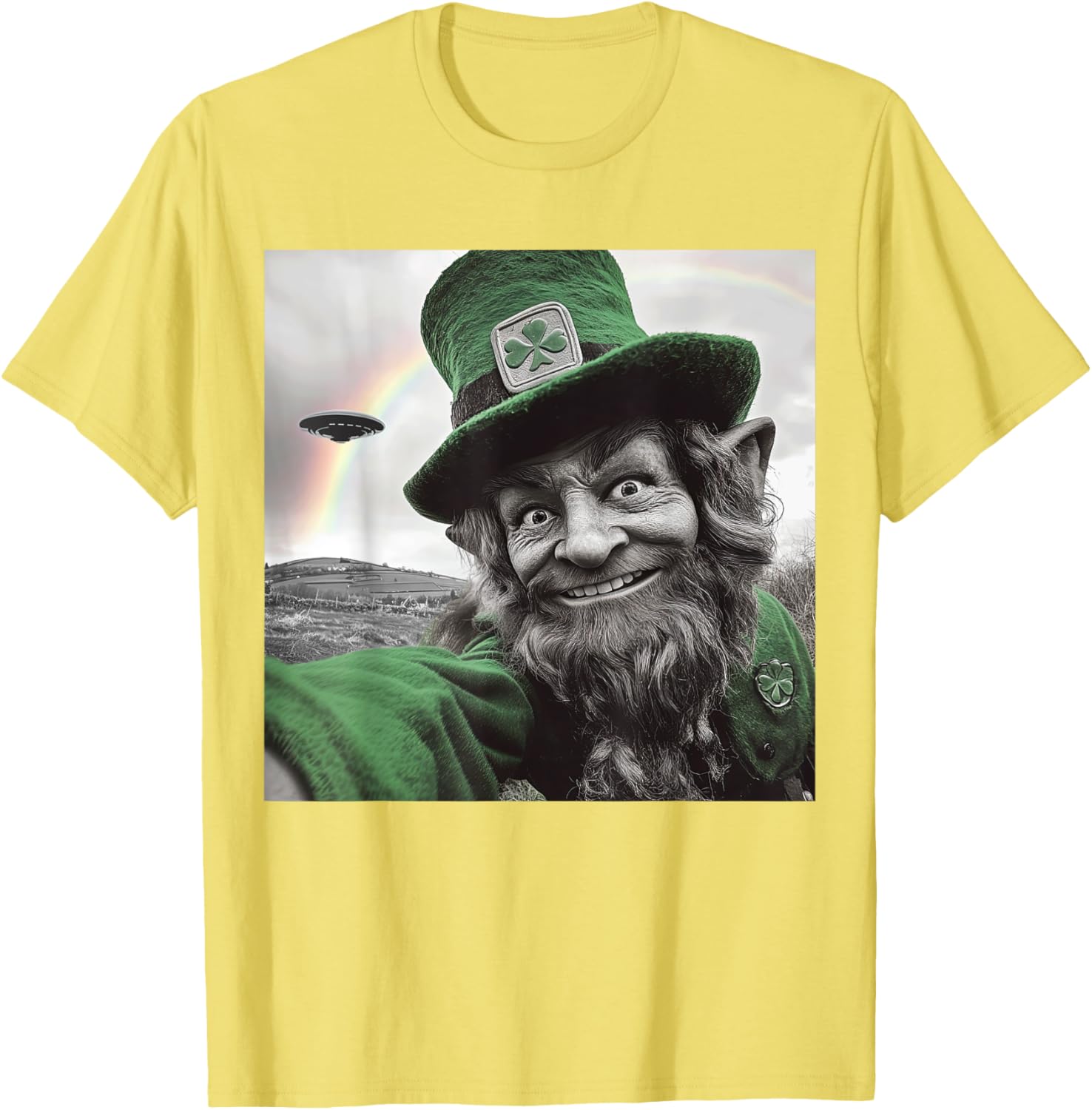 Funny St Patricks Day Rainbow Leprechaun UFO Selfie T-Shirt for Everyone - 1