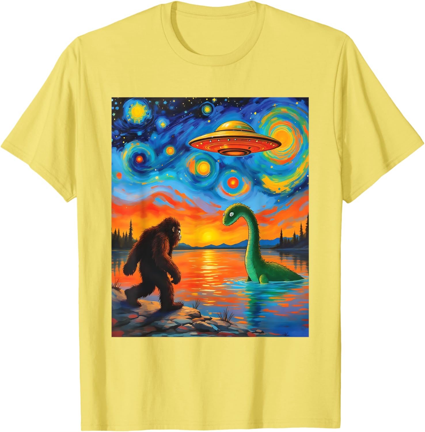 Bigfoot UFO Alien Encounter T-Shirt Inspired by Van Gogh's Starry Night - 7