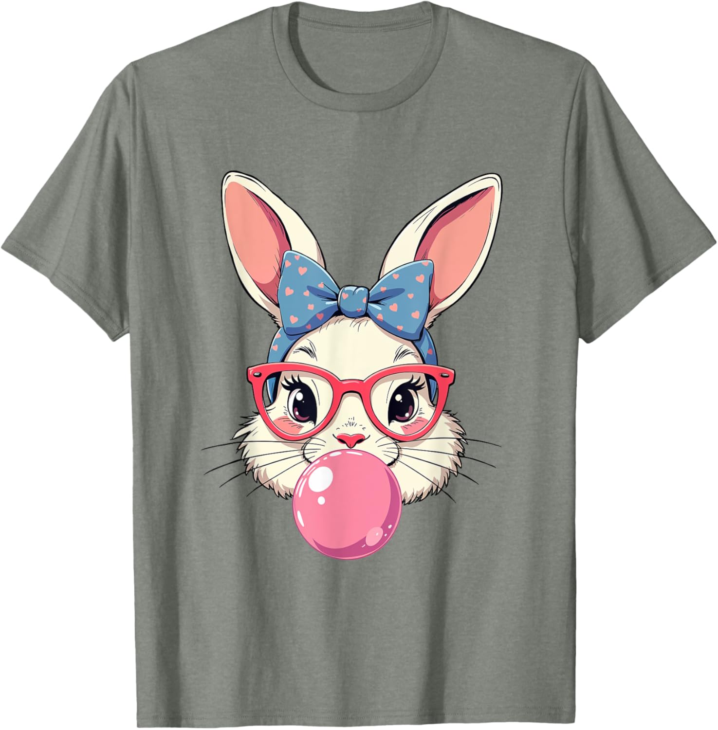 Cute Bunny Face T-Shirt with Heart Glasses and Bandana for Easter Fun - 1