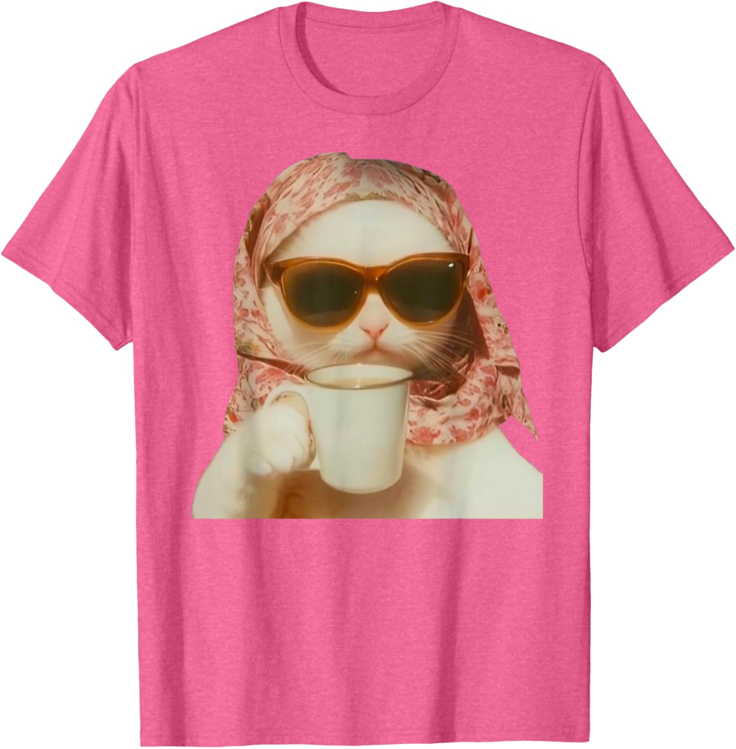 Funny Cat with Glasses and Headscarf Holding Cup T-Shirt for All Ages - 4