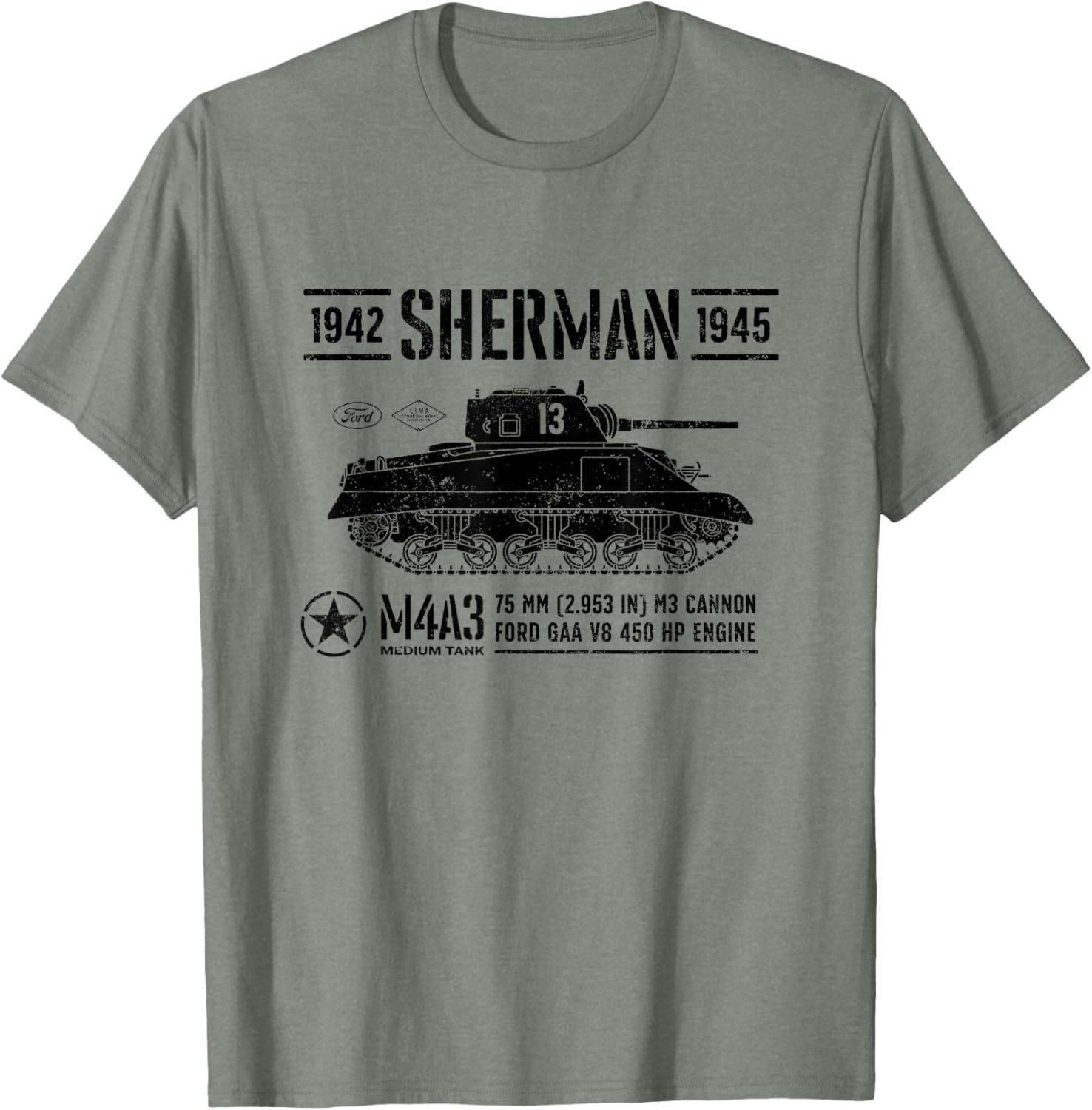 Sherman M4A3 WWII Vintage Tank T-Shirt for Military History Fans - 9