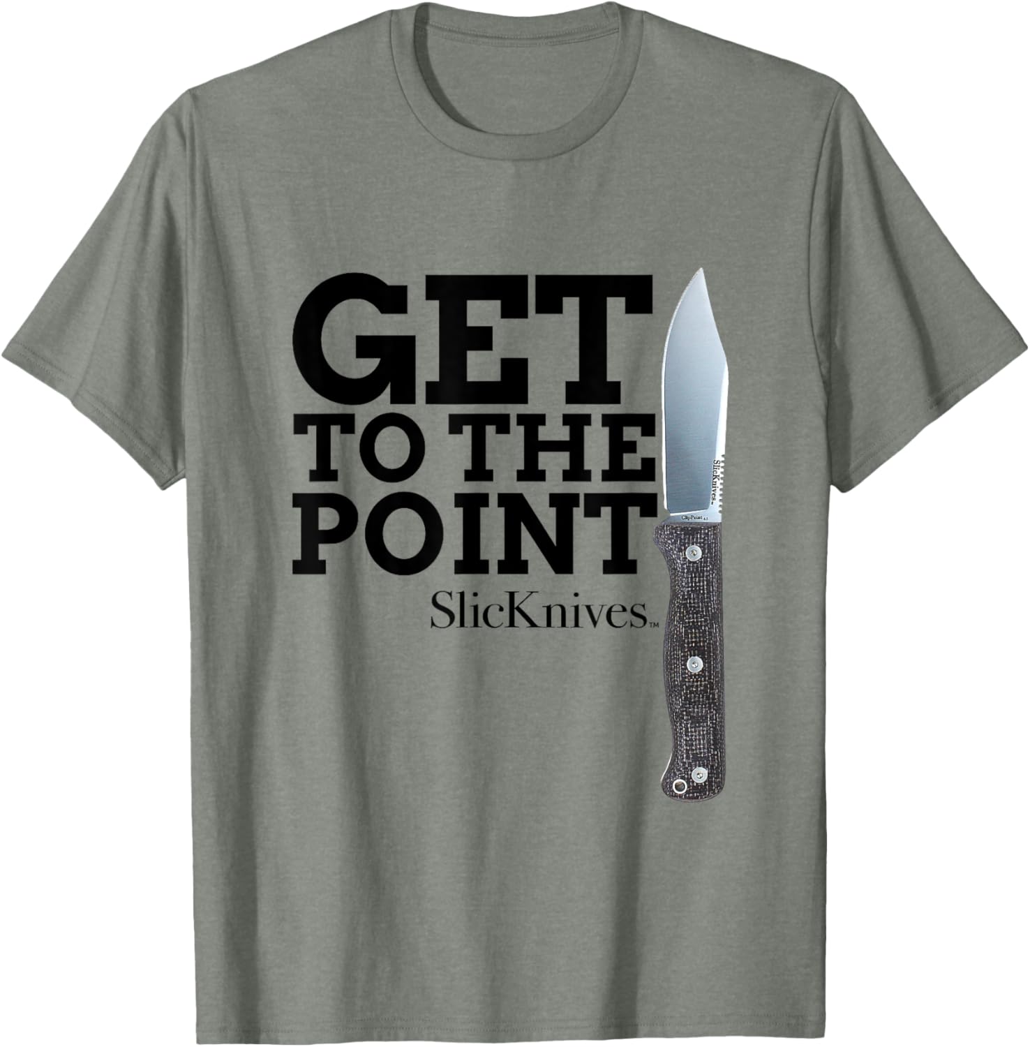 SlicKnives ClipPoint 4.5 Knife T-Shirt with Brown Grip and Black Text - 4