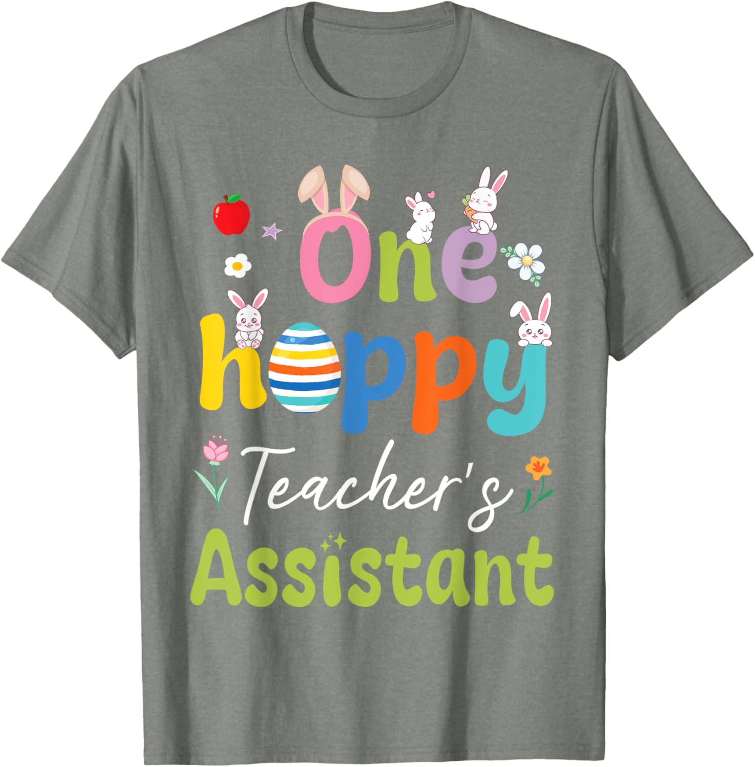Hoppy Teacher's Assistant T-Shirt with Bunnies, Easter Eggs, and Flowers - 16