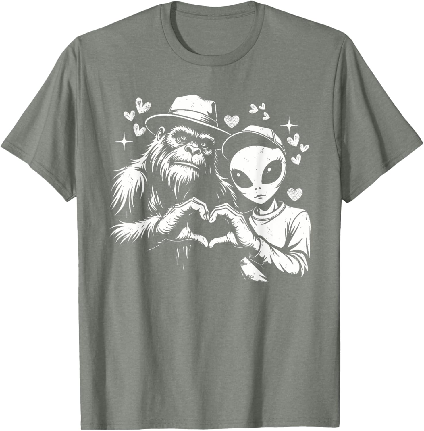 Funny Bigfoot and Alien Love Hand Sign T-Shirt for Unique Style - 4