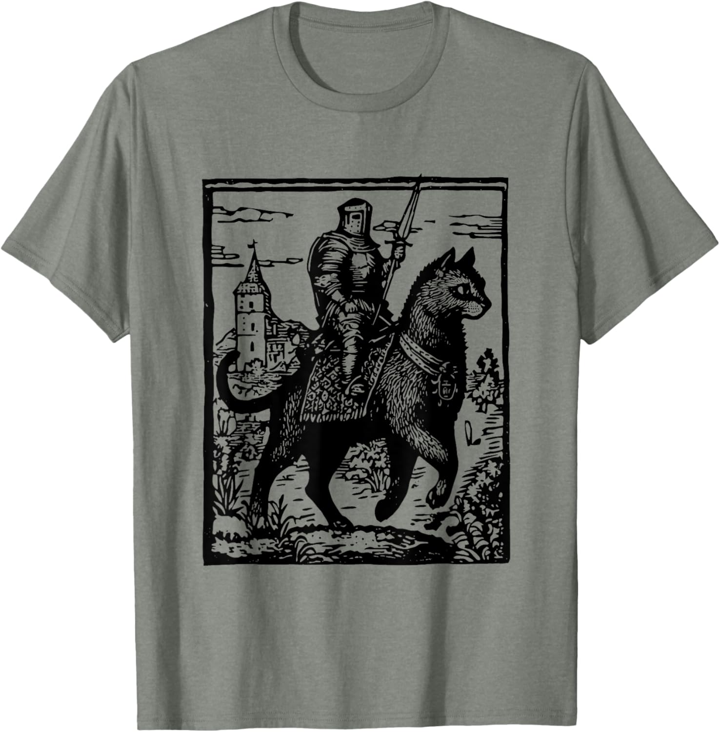 Funny 90s Knight Cat Rider T-Shirt | Retro Dark Art Cat Meme Tee - 9