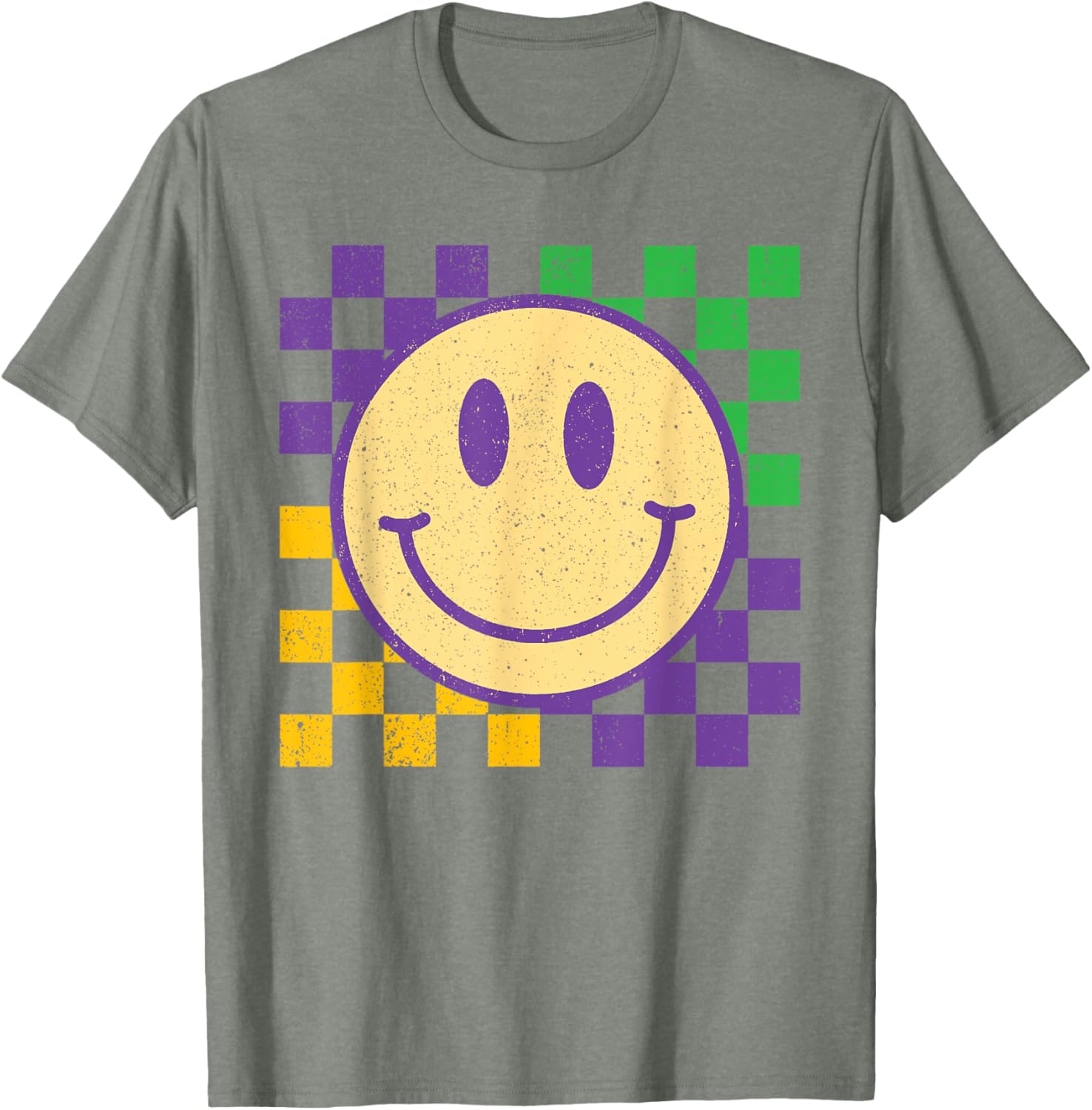 Groovy Mardi Gras Smile Face Checkered T-Shirt for Men, Women, Kids - 11
