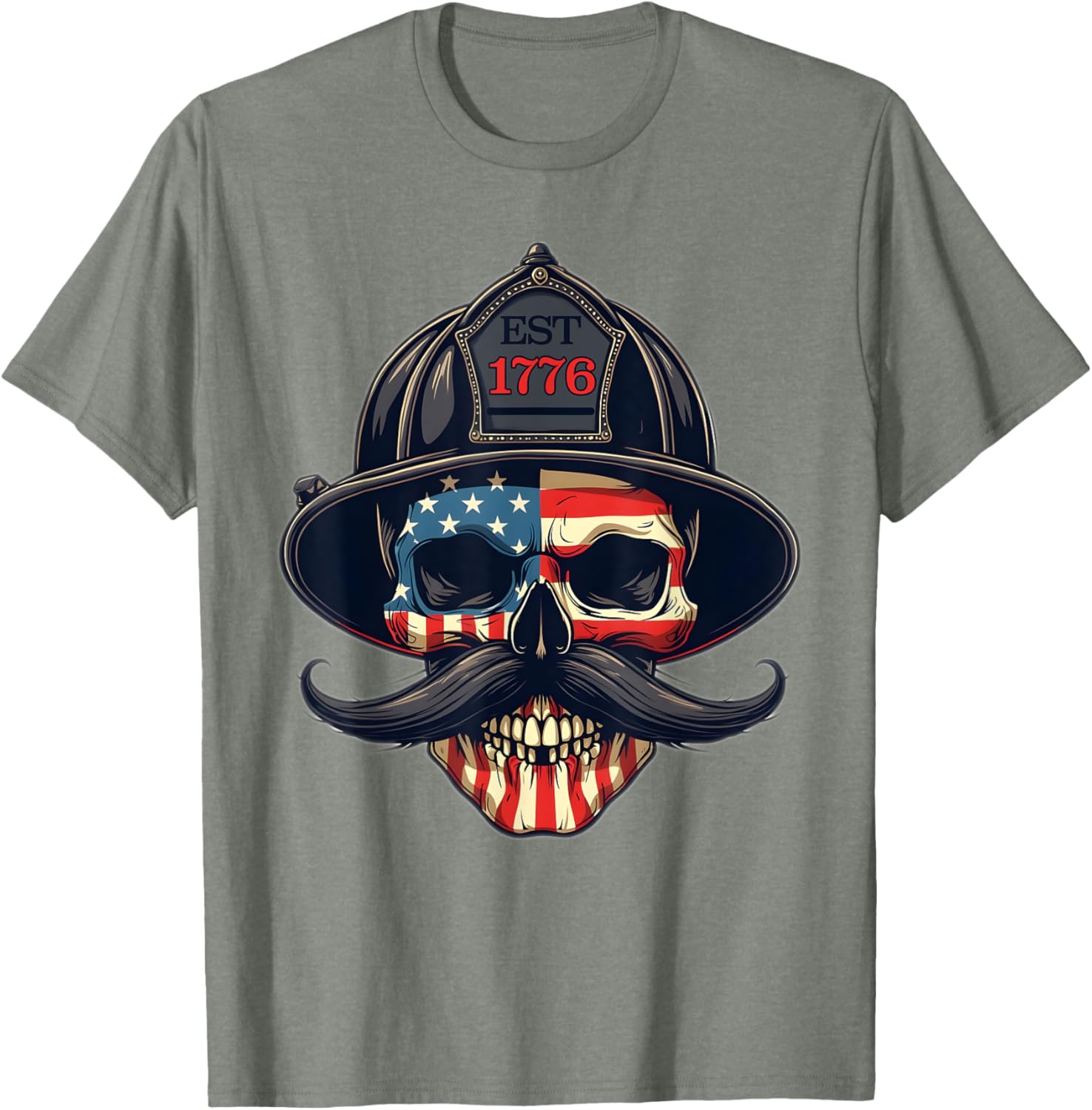 Firefighter Skull Mustache USA Flag T-Shirt for Firemen and Firefighters - 5