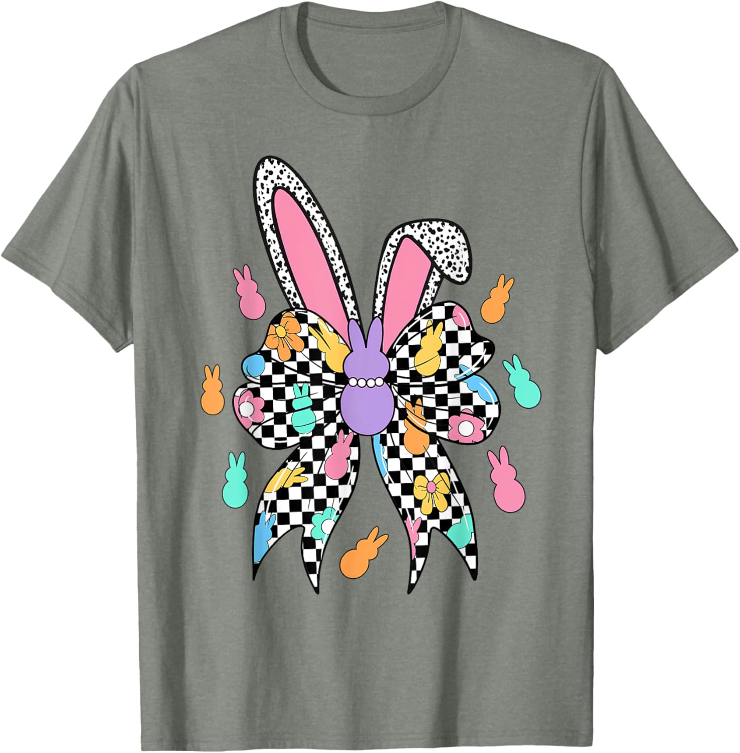 Happy Easter Checkered Bunny Bow Ears T-Shirt for Women and Girls - 22