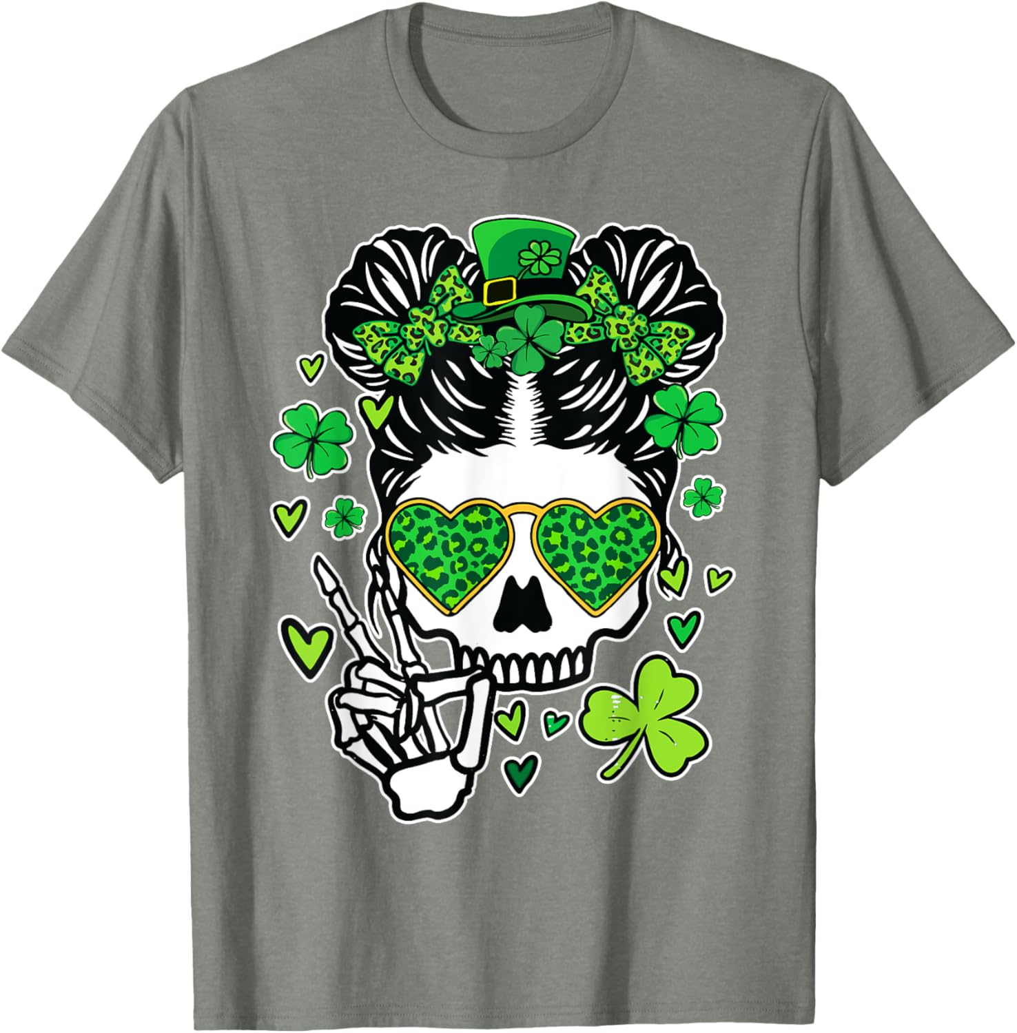 St Patrick's Day Skull Messy Bun Women’s T-Shirt for Festive Style - 18